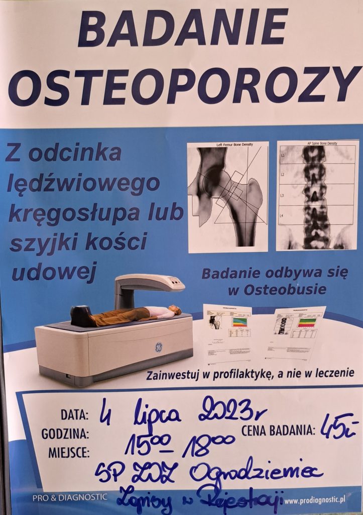 Plakat przedstawia informację o badaniu osteoporozy z odcinka lędźwiowego kręgosłupa lub szyjki kości udowej w dniu 4 lipca 2023r